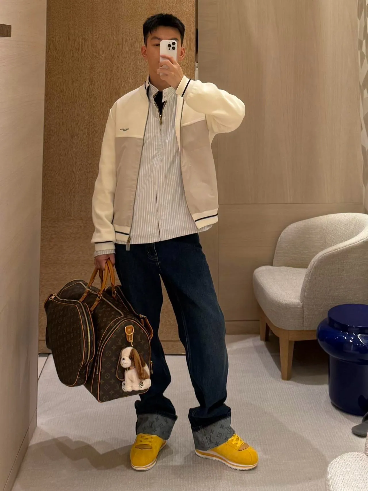 Louis Vuitton/Louis Vuitton off-white embroidered patchwork mixed knitted sports jacket